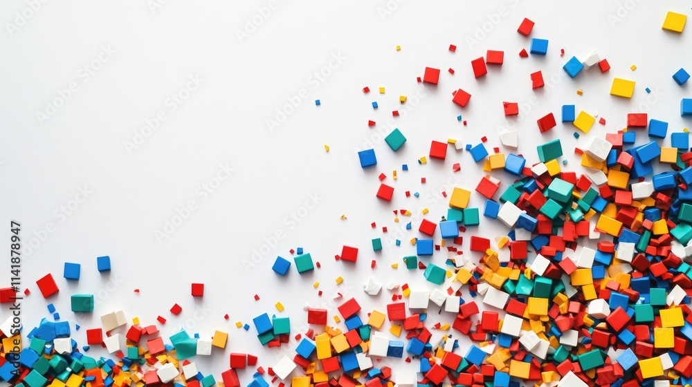 Poster A messy pile of colorful, differently-shaped blocks scattered on a white surface, with open white space in the middle for customizable design elements