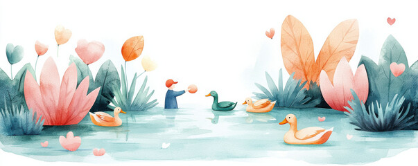 A tranquil scene with ducks among colorful water lilies. Happy Sunday Life Concept.