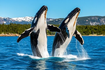 Obraz premium A pair of whales breaching in the middle of a fjord, with splashes of water catching the sunlight