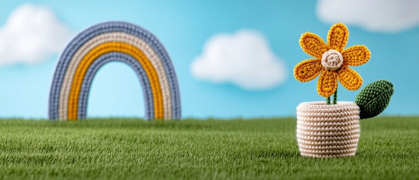 Knitted Rainbow Flower Grass Sky Joyful Spring Scene