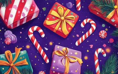 Fototapeta premium A colorful festive design with oversized candy canes, wrapped gifts, and sparkling glitter on a bold purple background