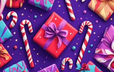 Fototapeta premium A colorful festive design with oversized candy canes, wrapped gifts, and sparkling glitter on a bold purple background