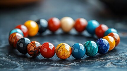 Colorful beaded bracelet resting on dark stone surface