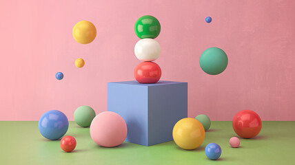 Abstract scene with vibrant pink background featuring a central cube topped with a stack of colorful spheres in green, white, and red. Surrounding spheres in blue, yellow, green, and red are scattered