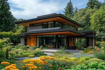 Obraz premium Modern sustainable house with solar panels and beautiful garden