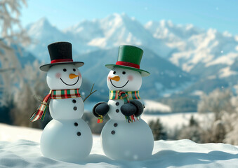 Obraz premium Snowmen with Austrian outfit in a beautiful winter landscape, Christmas, Tourism