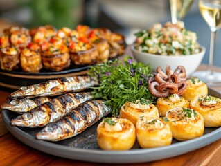 Grilled Sardines and Octopus Seafood Platter Coastal Restaurant Gourmet Cuisine Indoor Dining Culinary Delight