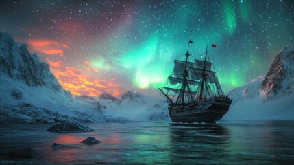 Obraz premium A majestic sailing ship navigates icy waters under a vibrant aurora borealis and starry sky.