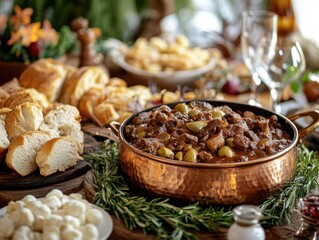 Fototapeta premium Hungarian Goulash Delight Rustic Kitchen Food Photography Cozy Atmosphere Close-Up Culinary Tradition