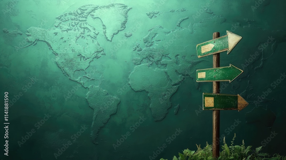 Poster A symbolic road sign with global navigation pointers, placed over a world map with a green backdrop, representing international travel