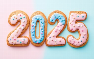 Fototapeta premium A creative 2025 design made of edible gingerbread cookie letters decorated with colorful icing on a pastel background