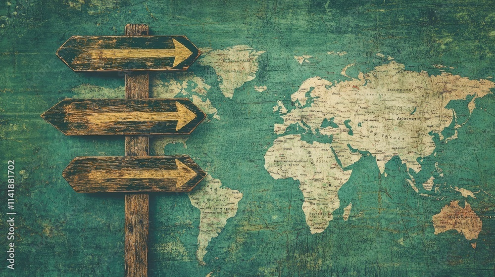Poster A symbolic road sign with global navigation pointers, placed over a world map with a green backdrop, representing international travel