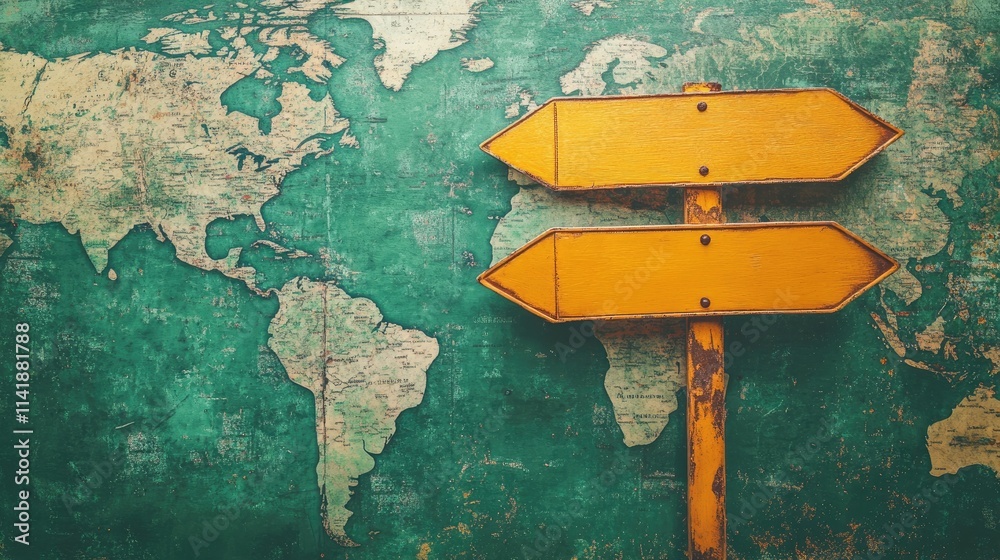 Poster A symbolic road sign with global navigation pointers, placed over a world map with a green backdrop, representing international travel
