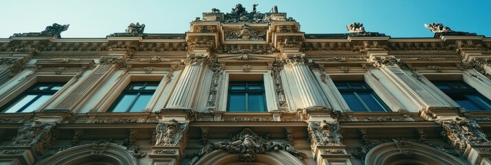 Low angle view of an ornate building facade with columns, windows, and intricate stone carvings under a clear sky.