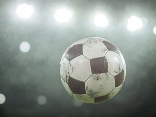 Naklejka premium Soccer Ball Mid-Kick with Stadium Lights in Background 