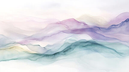 Soft watercolor mountains in blush pink, turquoise, and lavender hues