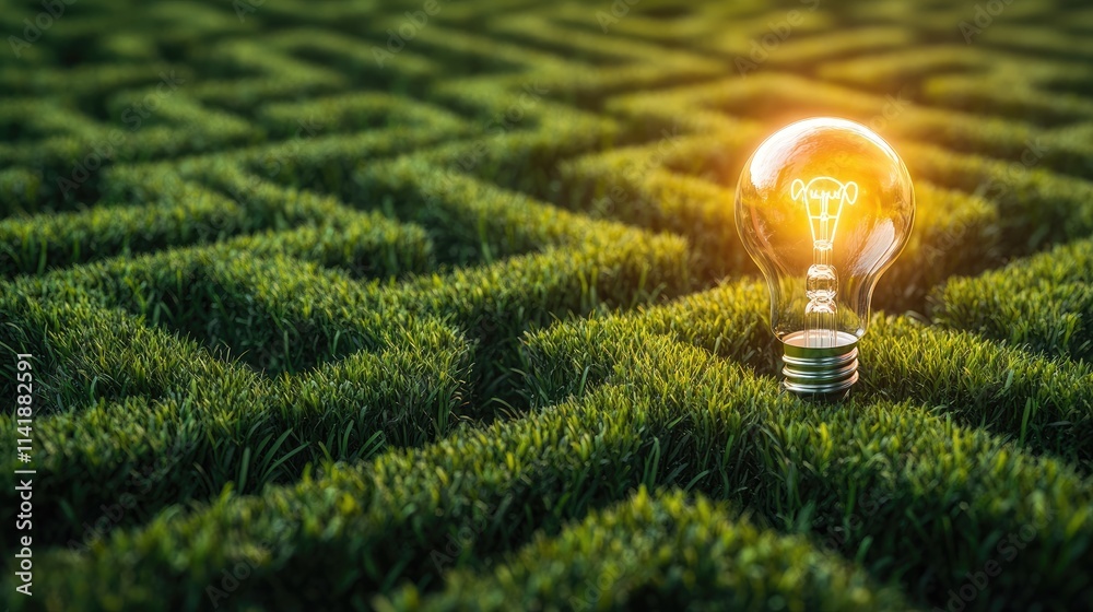 Aufkleber A vibrant light bulb glowing brightly within a green grass maze, symbolizing creativity and finding new paths in problem-solving