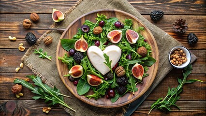 Heart-shaped cheese in a vibrant autumn salad with figs, berries, and nuts on a rustic wooden table