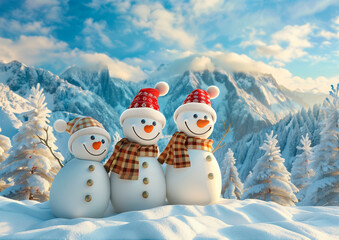 Obraz premium Snowmen with Austrian outfit in a beautiful winter landscape, Christmas, Tourism