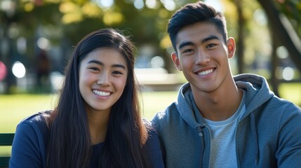 Obraz premium Happy young Asian couple smiling outdoors, sitting on a park bench.