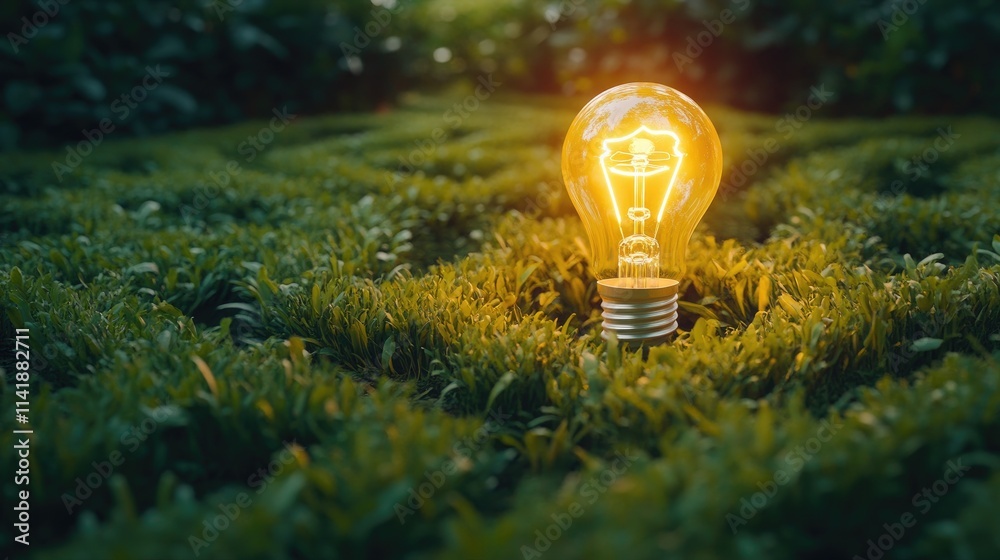 Poster A vibrant light bulb glowing brightly within a green grass maze, symbolizing creativity and finding new paths in problem-solving