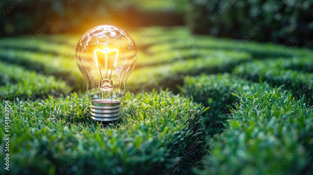 Poster A vibrant light bulb glowing brightly within a green grass maze, symbolizing creativity and finding new paths in problem-solving