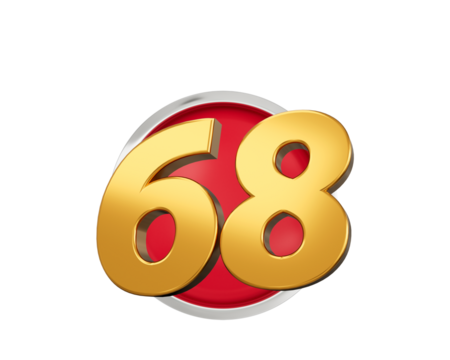 Golden Number 68 Sixty Eight On Rounded Red Icon with Particles 3d Illustration