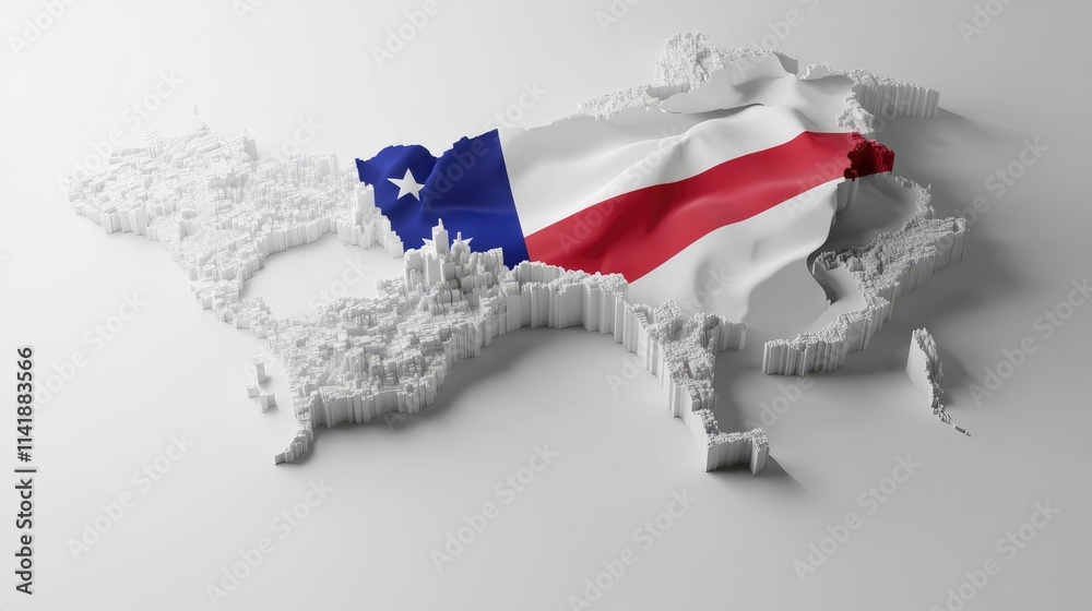 Poster a white 3d map of cambodia with the flag draped across, representing national geography in a profess