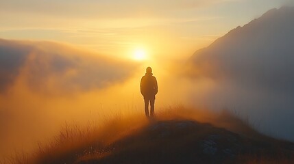 Obraz premium Solitary Figure Silhouetted Against a Misty Mountain Sunset