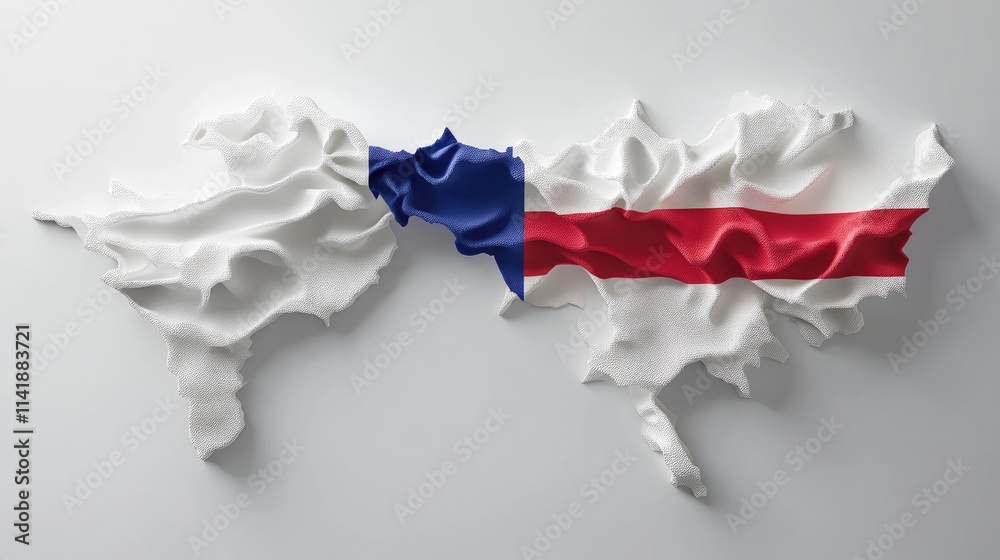 Poster a white 3d map of cambodia with the flag draped across, representing national geography in a profess