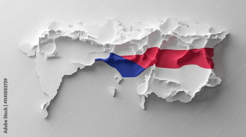 Poster a white 3d map of cambodia with the flag draped across, representing national geography in a profess