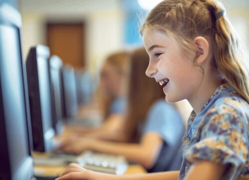 Schoolgirl using computer in a school class, expressing different emotions in computer lab