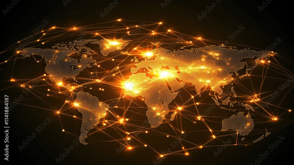 Poster Abstract digital data processing with glowing connections and a world map, depicting a network of global information on a dark background