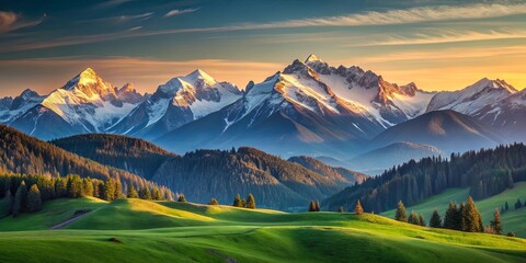 Serene Sunrise Over Majestic Snow-Capped Mountain Range and Rolling Green Hills
