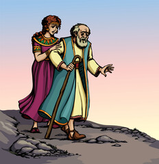 Fototapeta premium Vector drawing. Young girl helps a blind man