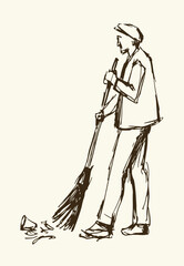 Vector Drawing. Janitor sweeping with a broom