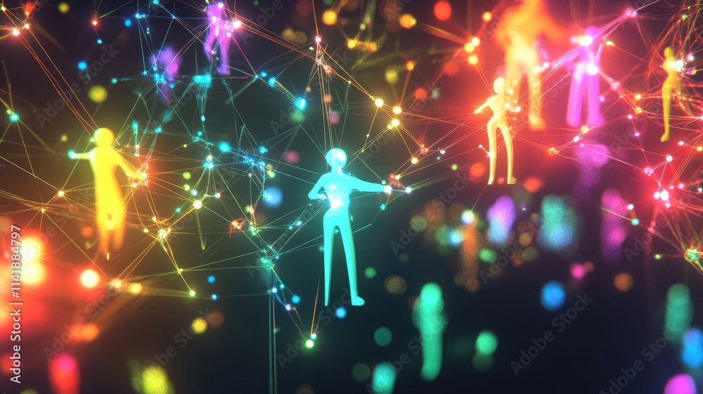 Poster Abstract representation of colorful figures connected by glowing lines, illustrating social media networks, interaction, and connectivity