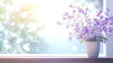 Naklejka premium A white pot with purple and white flowers with natural light, white background and copy space.