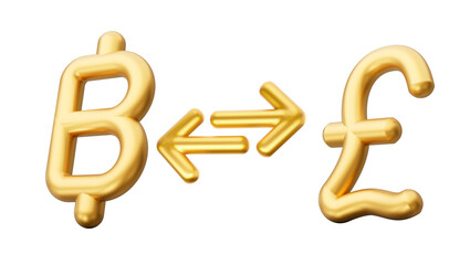 Shiny golden symbol Baht to Pound currency exchange icon with shadow. 3d illustration