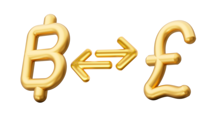 Shiny golden symbol Baht to Pound currency exchange icon with shadow. 3d illustration
