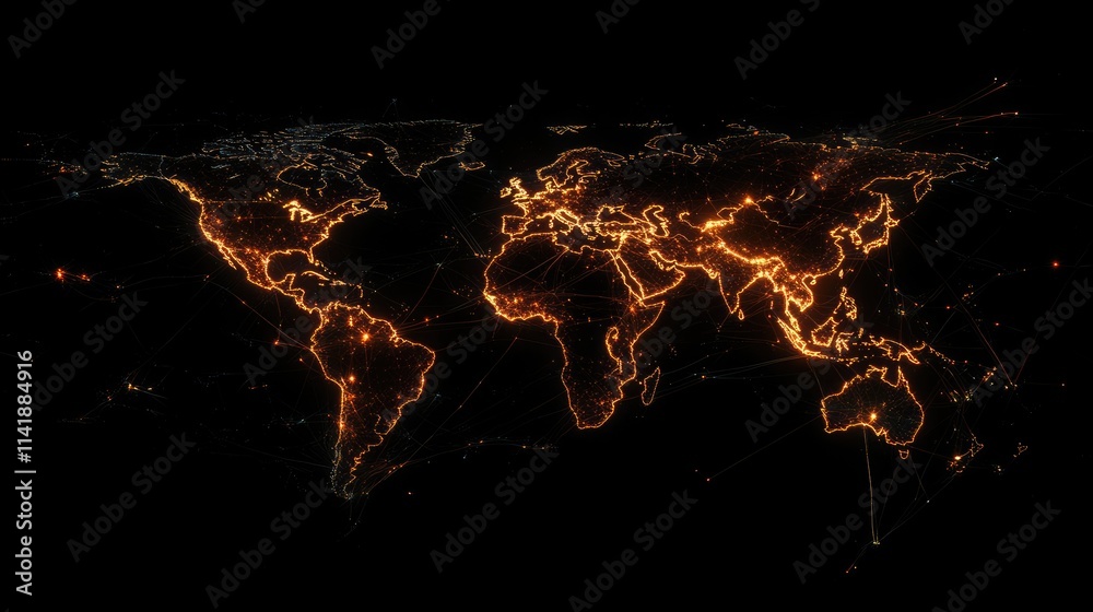 Poster Abstract world map on a black background, with digital data streams and glowing connections symbolizing global network processing