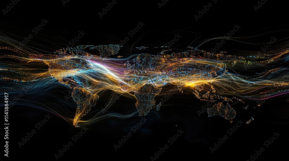 Aufkleber Abstract world map on a black background, with digital data streams and glowing connections symbolizing global network processing