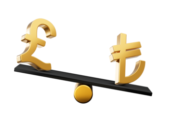3d Golden Pound And Lira Symbol Icons With 3d Black Balance Weight Seesaw, 3d illustration