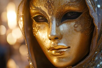 Mysterious woman wearing beautiful golden mask at carnival of venice