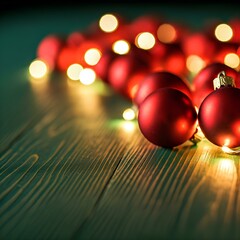 A cluster of glossy red Christmas ornaments are scattered across a wooden surface.