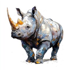 Fototapeta premium Oil painting of beautiful Rhino impressionism style, accented brush strokes and paint blobs, high detailed, isolated on white background
