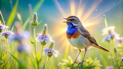 A vibrant songbird serenades the wildflowers at sunrise, bathed in golden light