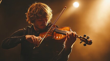 Fototapeta premium Young Musician Performing a Violin Solo on Stage