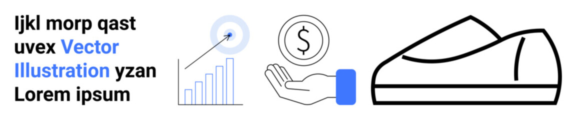 Annotated bar chart with arrow, blue smartwatch, hand holding dollar coin, black sneaker outline, placeholder text. Ideal for finance, analytics, e-commerce, product design, sport, marketing