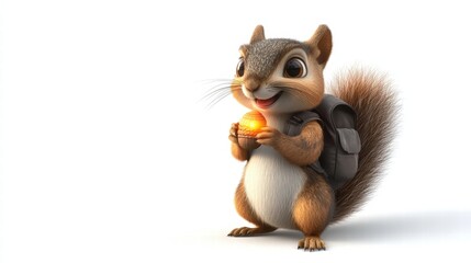 Fototapeta premium Happy cartoon squirrel with backpack holding a small acorn treat